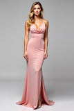 Blush Pink Sheath Cowl Neck Backless Long Bridesmaid Dress with Slit