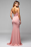 Blush Pink Sheath Cowl Neck Backless Long Bridesmaid Dress with Slit