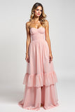 Blush Pink A Line Strapless Tiered Long Bridesmaid Dress
