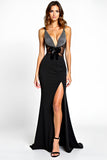 Black Mermaid V-Neck Beaded Floor Length Formal Dress with Slit