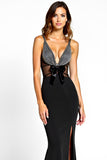 Black Mermaid V-Neck Beaded Floor Length Formal Dress with Slit