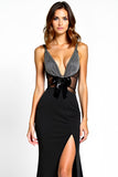 Black Mermaid V-Neck Beaded Floor Length Formal Dress with Slit