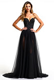 Black A Line Tulle Strapless Sweetheart Long Formal Dress