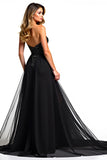 Black A Line Tulle Strapless Sweetheart Long Formal Dress