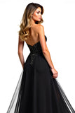 Black A Line Tulle Strapless Sweetheart Long Formal Dress