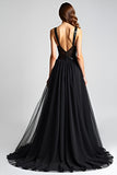 Black A Line Long Backless Formal Dress with Sequins