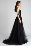 Black A Line Long Backless Formal Dress with Sequins