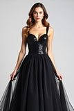 Black A Line Long Backless Formal Dress with Sequins