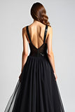 Black A Line Long Backless Formal Dress with Sequins