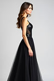 Black A Line Long Backless Formal Dress with Sequins