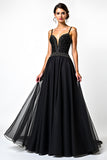 Black A Line Long Beaded Spaghetti Straps Formal Dress