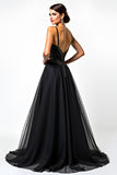 Black A Line Long Beaded Spaghetti Straps Formal Dress