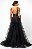 Black A Line Long Beaded Spaghetti Straps Formal Dress