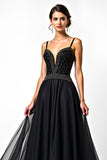 Black A Line Long Beaded Spaghetti Straps Formal Dress