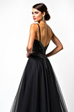 Black A Line Long Beaded Spaghetti Straps Formal Dress