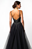 Black A Line Long Beaded Spaghetti Straps Formal Dress