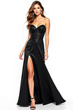 Black Sheath Strapless Corset Long Formal Dress with Slit