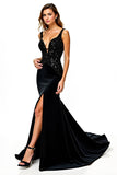 Black Mermaid Sequined V-Neck Backless Formal Dress with Slit
