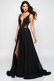 Black A Line V Neck Cut-Out Long Formal Dress with Slit
