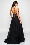 Black A Line V Neck Cut-Out Long Formal Dress with Slit