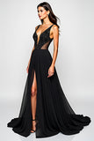 Black A Line V Neck Cut-Out Long Formal Dress with Slit