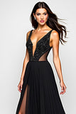 Black A Line V Neck Cut-Out Long Formal Dress with Slit