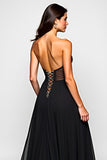 Black A Line V Neck Cut-Out Long Formal Dress with Slit