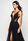 Black A Line V Neck Cut-Out Long Formal Dress with Slit