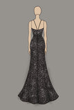 Sparkly Black Deep V-Neck Sequined Sheath Prom Dress with Slit