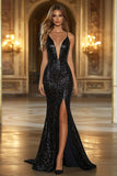 Sparkly Black V Neck Sequined Mermaid Long Prom Dress with Slit