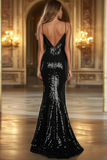 Sparkly Black V Neck Sequined Mermaid Long Prom Dress with Slit