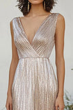 Champagne V Neck Pleated Sheath Long Formal Dress