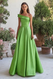 Green One Shoulder Satin A Line Long Formal Dress