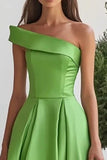 Green One Shoulder Satin A Line Long Formal Dress
