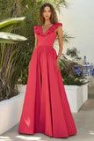 Red V Neck A Line Pleated Long Formal Dress