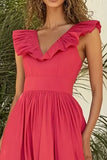 Red V Neck A Line Pleated Long Formal Dress