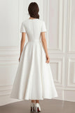 Ivory Short Sleeves A Line Jacquard Tea Length Formal Dress