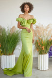 Lemon Green Off the Shoulder Satin Sheath Floor Length Formal Dress