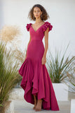 Fuchsia V Neck Ruffled Sheath High Low Formal Dress