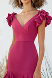 Fuchsia V Neck Ruffled Sheath High Low Formal Dress