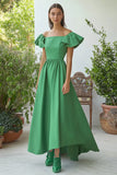 Green Square Neck Cap Sleeves A Line Formal Dress