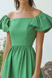 Green Square Neck Cap Sleeves A Line Formal Dress