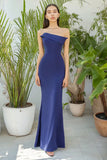 Blue Sheath Strapless Matte Satin Maxi Formal Dress