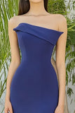 Blue Sheath Strapless Matte Satin Maxi Formal Dress