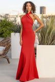 Red Sheath Halter Matte Satin Maxi Formal Dress