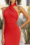 Red Sheath Halter Matte Satin Maxi Formal Dress