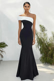 Black White One Shoulder Sheath Matte Satin Maxi Formal Dress