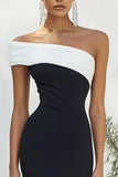 Black White One Shoulder Sheath Matte Satin Maxi Formal Dress