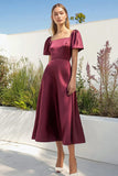 Burgundy Square Neck Satin Tea Length A Line Formal Dress