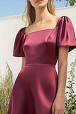 Burgundy Square Neck Satin Tea Length A Line Formal Dress